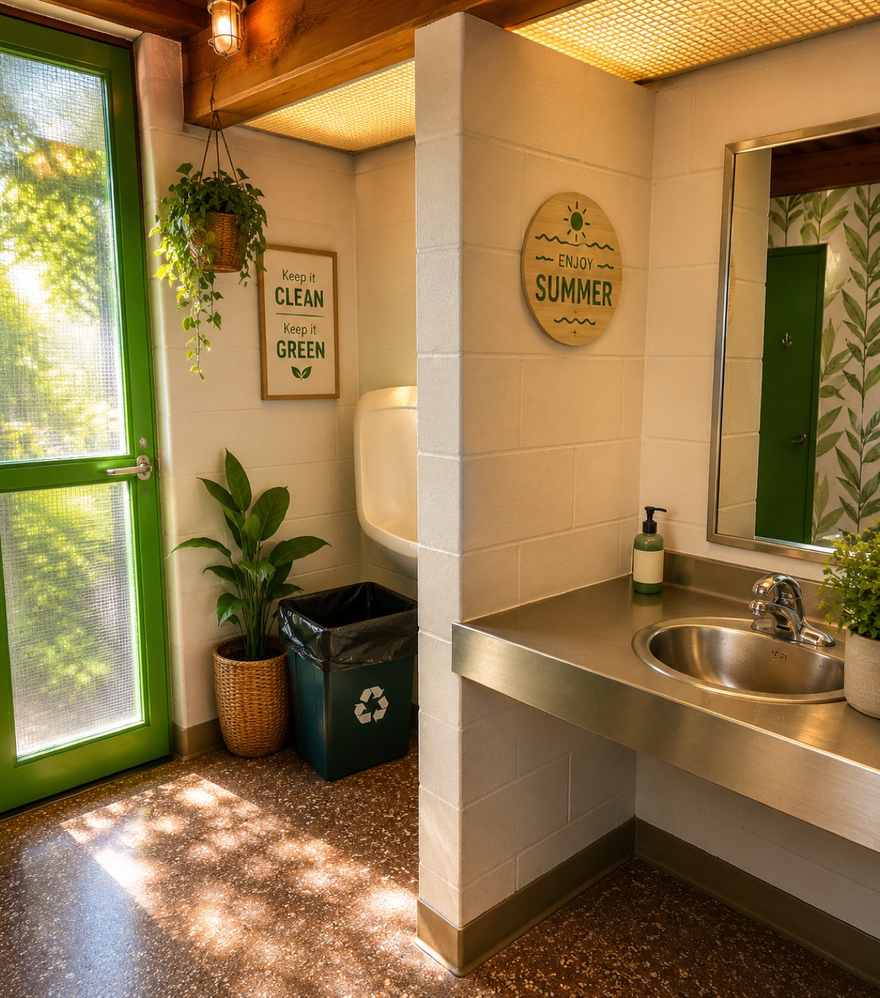 Men's washroom interior with stainless sink, green exit door, and clean modern fixtures